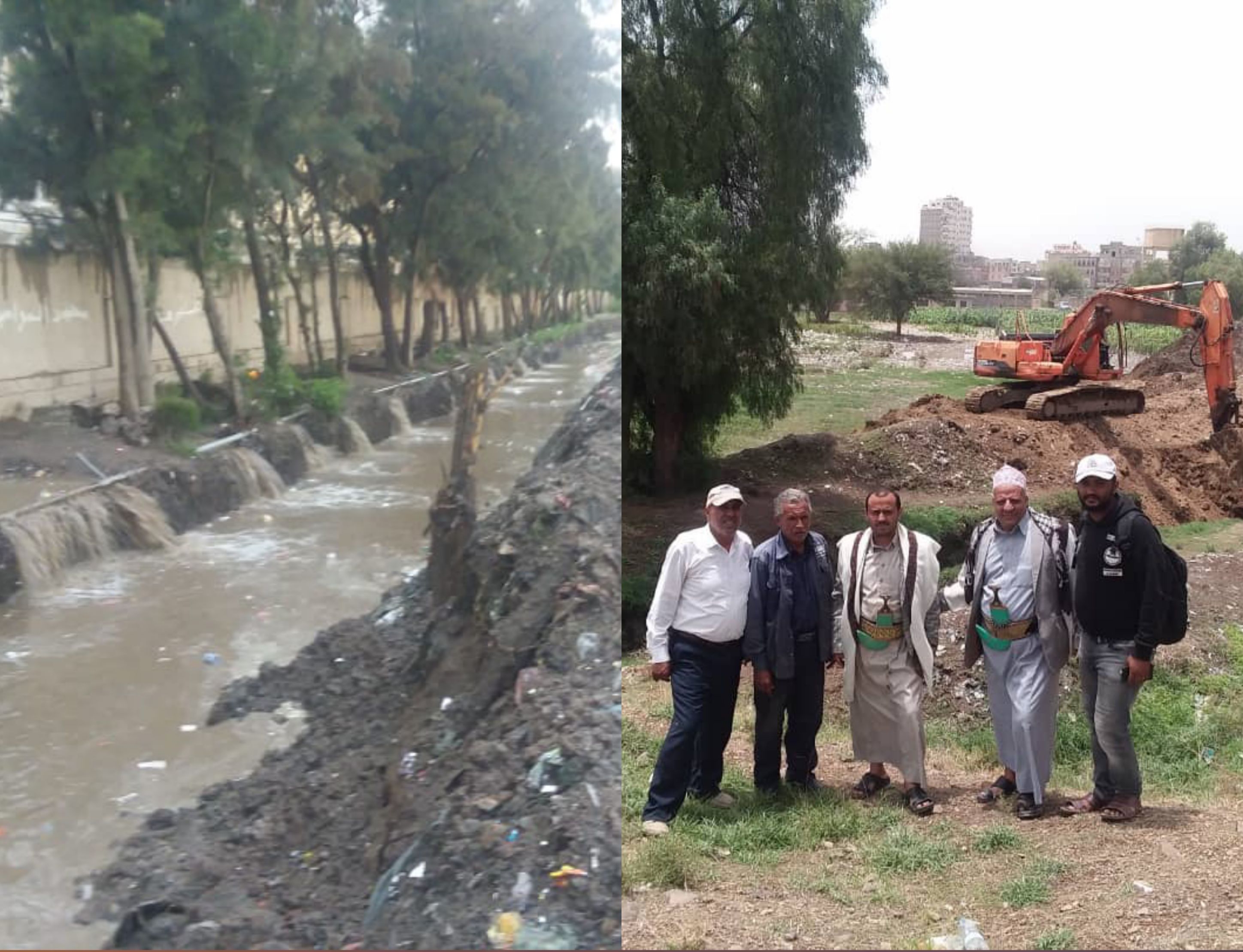 الوكيل اللاحجي والمهندس الجرادي يطلعا على أعمال تنظيف وفتح قنوات تصريف السيول بجامعة صنعاء